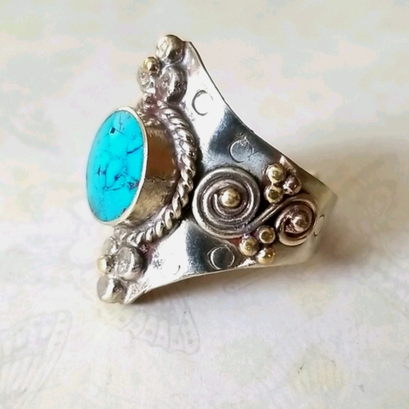 Southwestern Boho Tribal Turquoise Hand Crafted Adjustable Band Ring - Picture 5 of 16